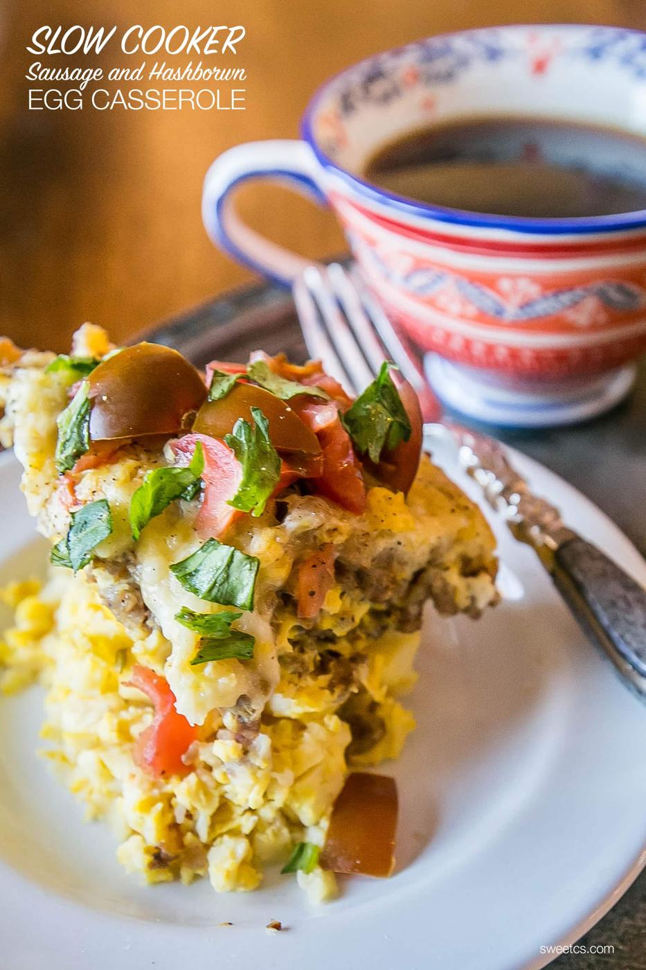A slow cooker breakfast casserole with a cup of coffee.