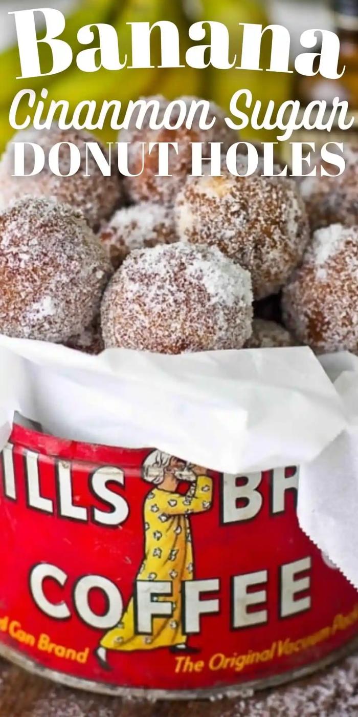 10 Minute Baked Banana Bread Doughnut Holes with cinnamon and sugar.