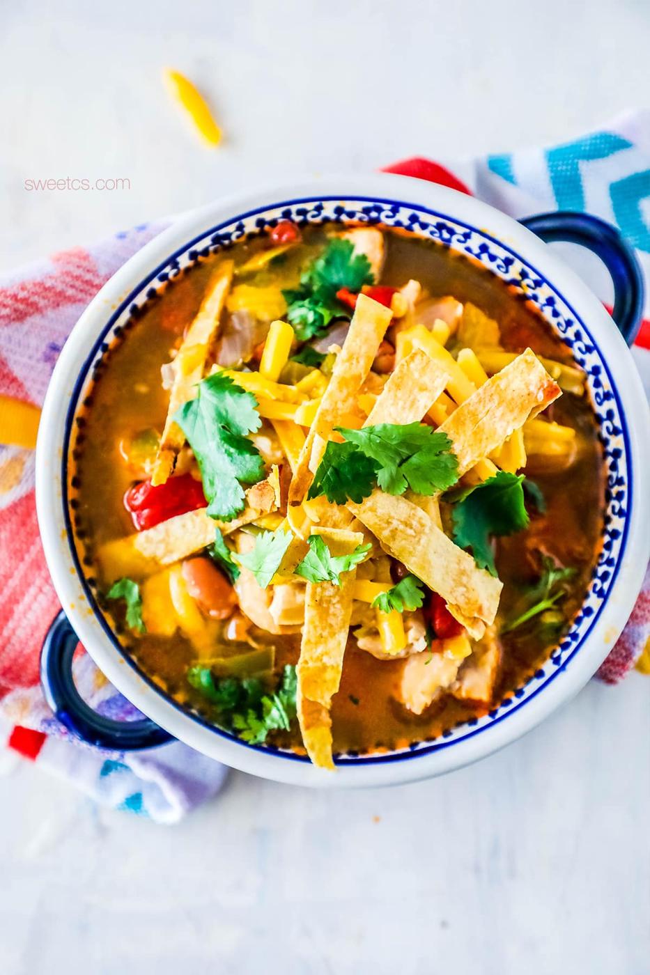 soup with cilantro and tortilla strips on it