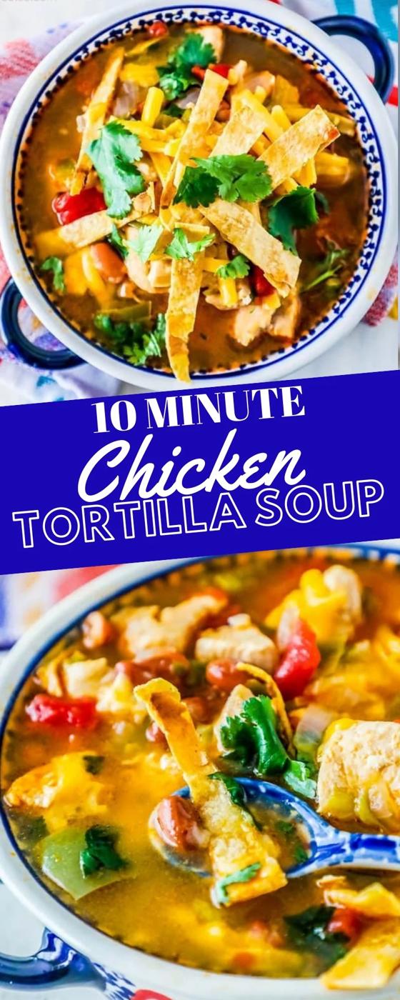 soup with cilantro, cheese, and tortilla strips on it