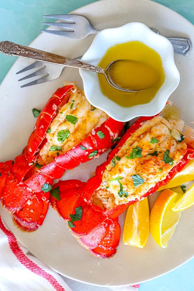 A white plate with Instant Pot lobster on it.