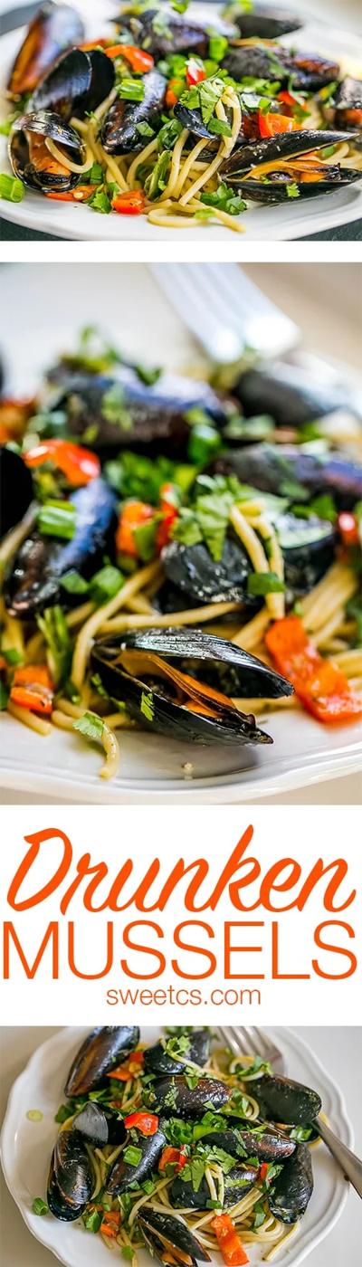 mussels, pepper, noodles, green onions, with parsley on them
