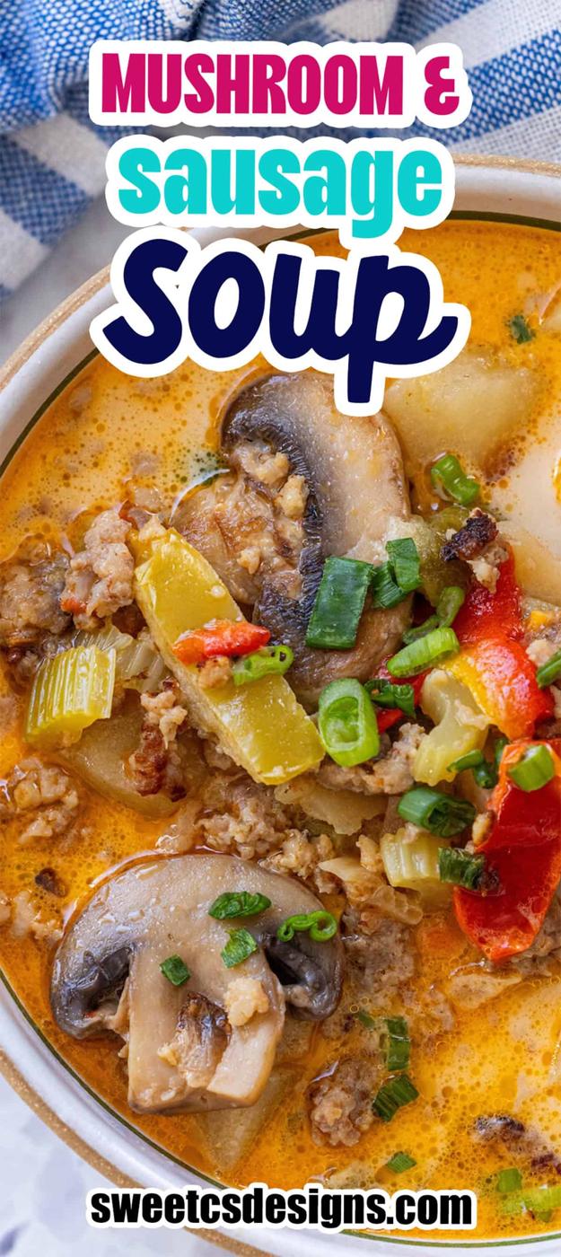 Close-up of a bowl of low carb mushroom sausage chowder garnished with chopped green onions, featuring visible mushrooms, sausage, peppers, and a creamy broth—perfect for anyone following a keto diet.