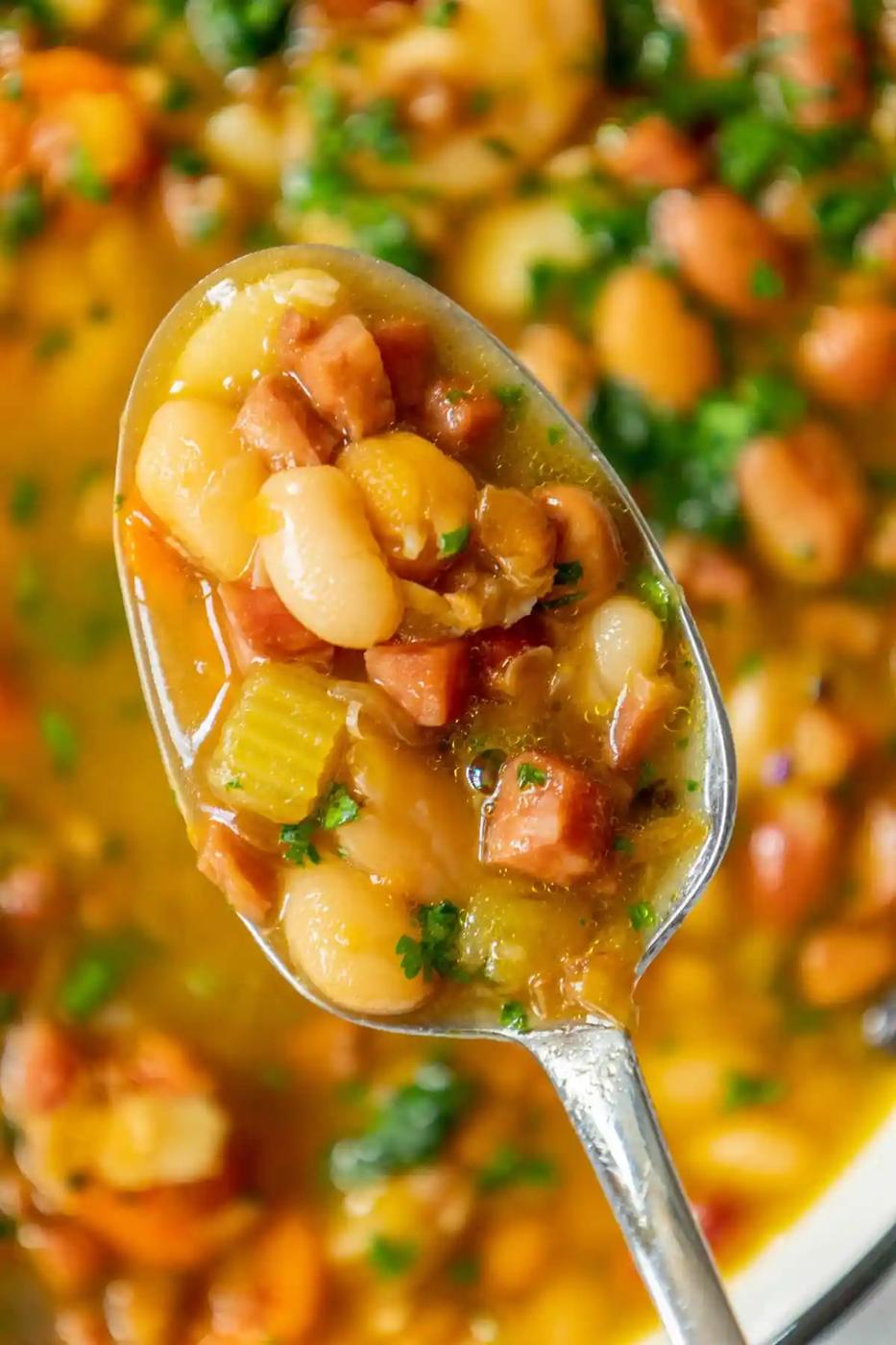 Diced ham enhances the flavor of a hearty bean soup.