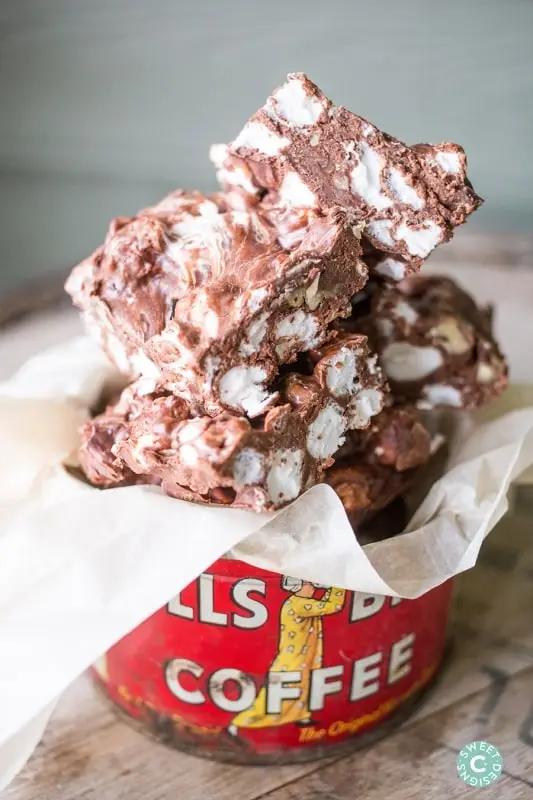rocky road fudge in canister