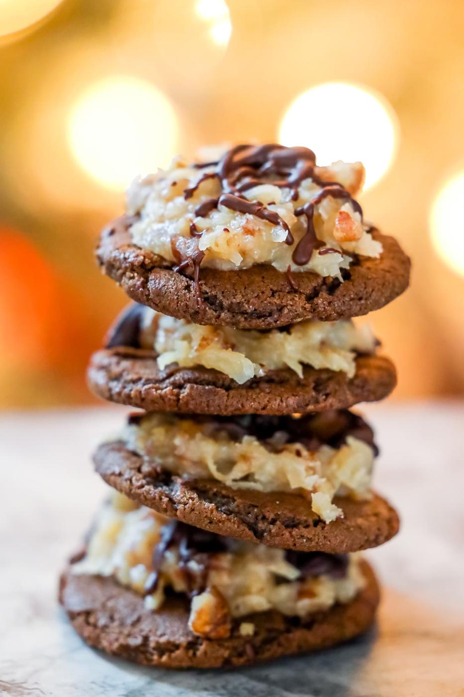 Stacked German Chocolate Coconut Cookies.