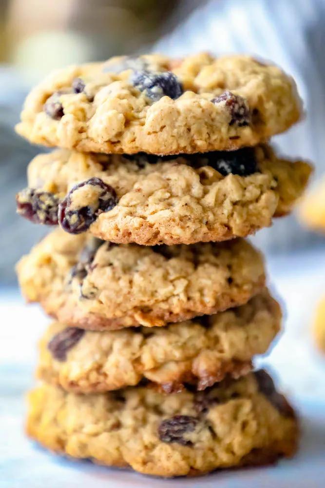 A stack of chewy oatmeal raisin cookies.