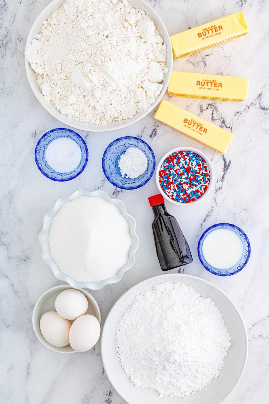 sugar, flour, vanilla, baking soda, butter, sprinkles