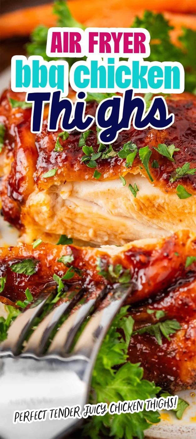Close-up of BBQ chicken thighs, meticulously air-fried to perfection, garnished with parsley. This tender and juicy dish highlights the innovative cooking method that brings out irresistible flavors with a crispy finish.