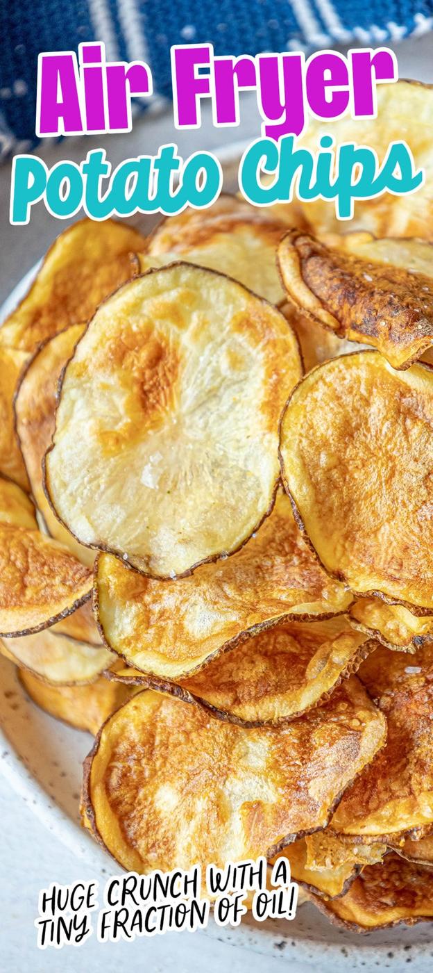 picture of air fried potato chips piled on a plate and seasoned with garlic salt