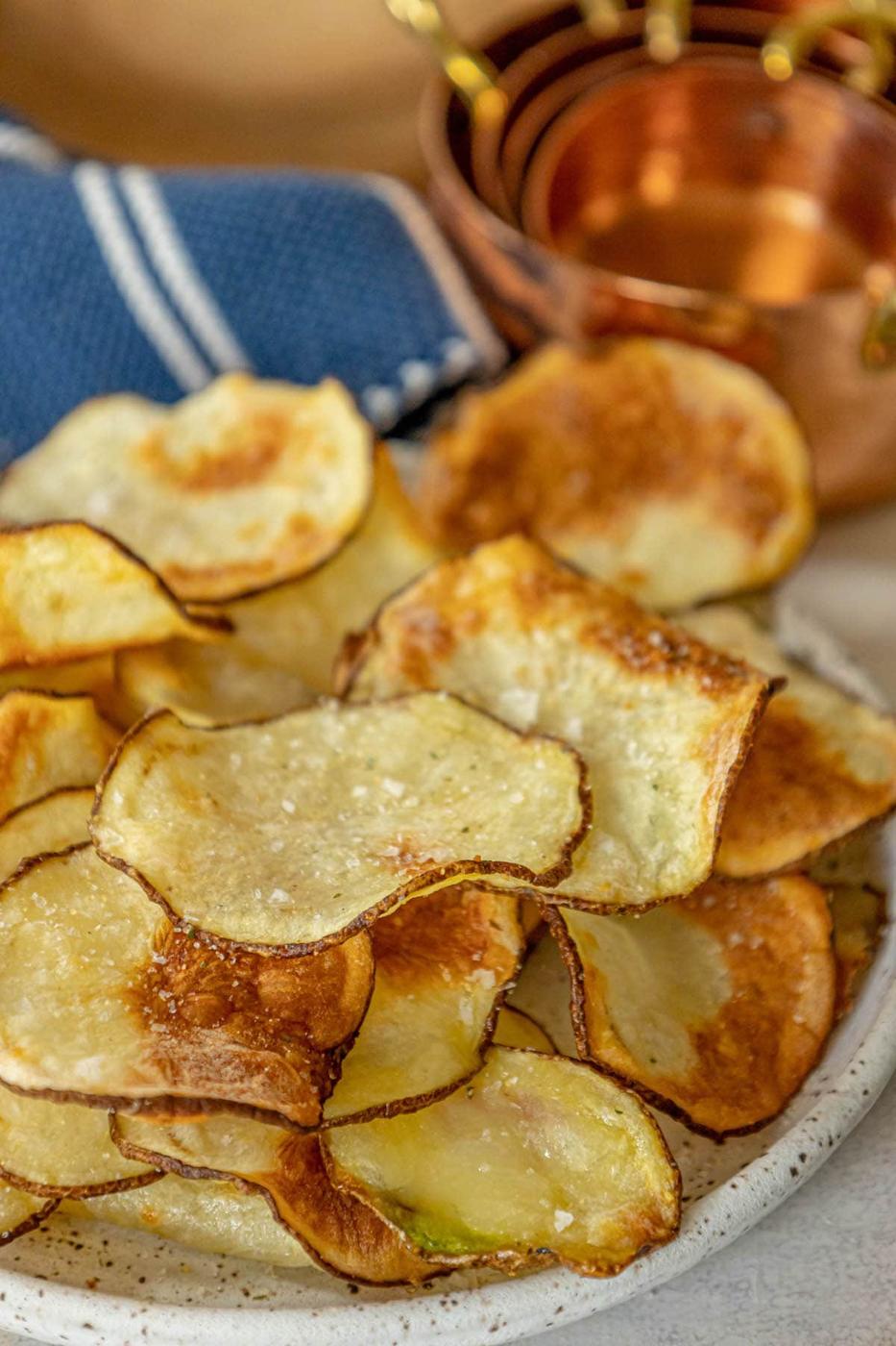 picture of air fried potato chips piled on a plate and seasoned with garlic salt