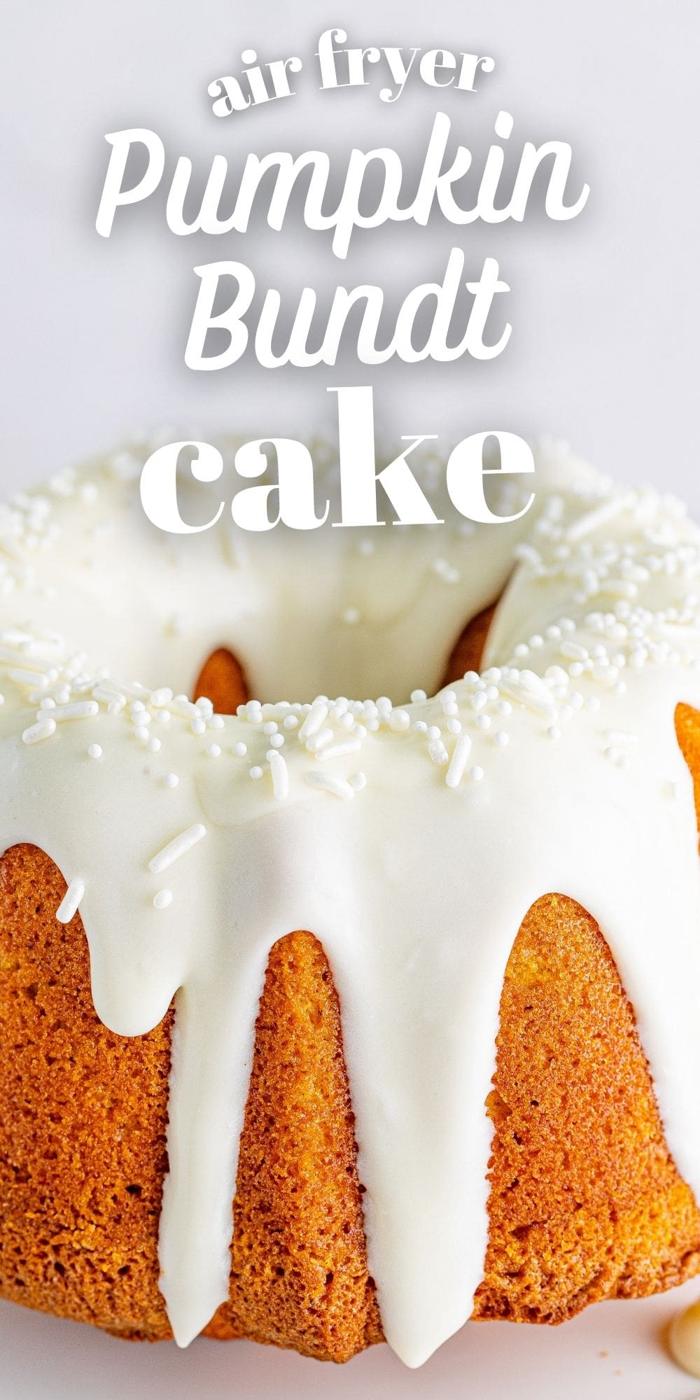 picture of air fryer pumpkin bundt cake on a white cake stand