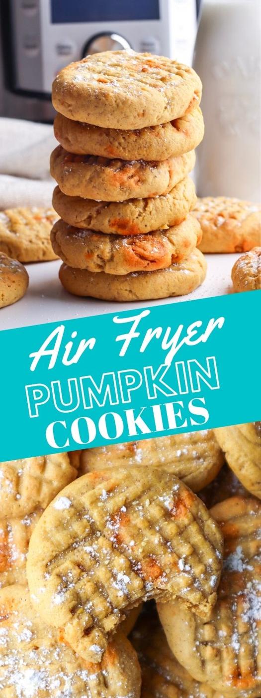picture of pumpkin cookies with butterscotch chips on a cooling rack next to an air fryer