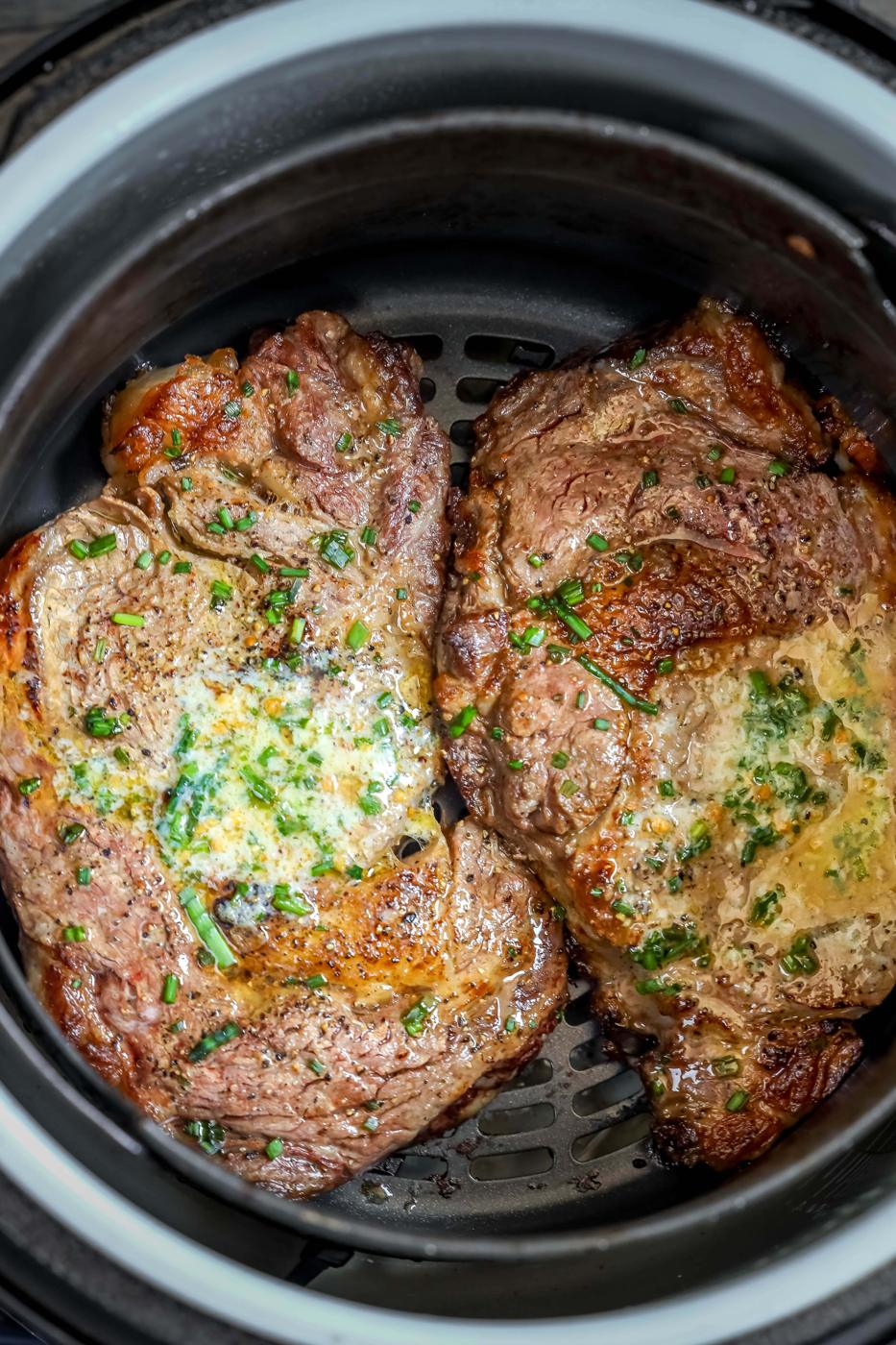 Air Fryer Ribeye Steaks Recipe cooked to perfection.