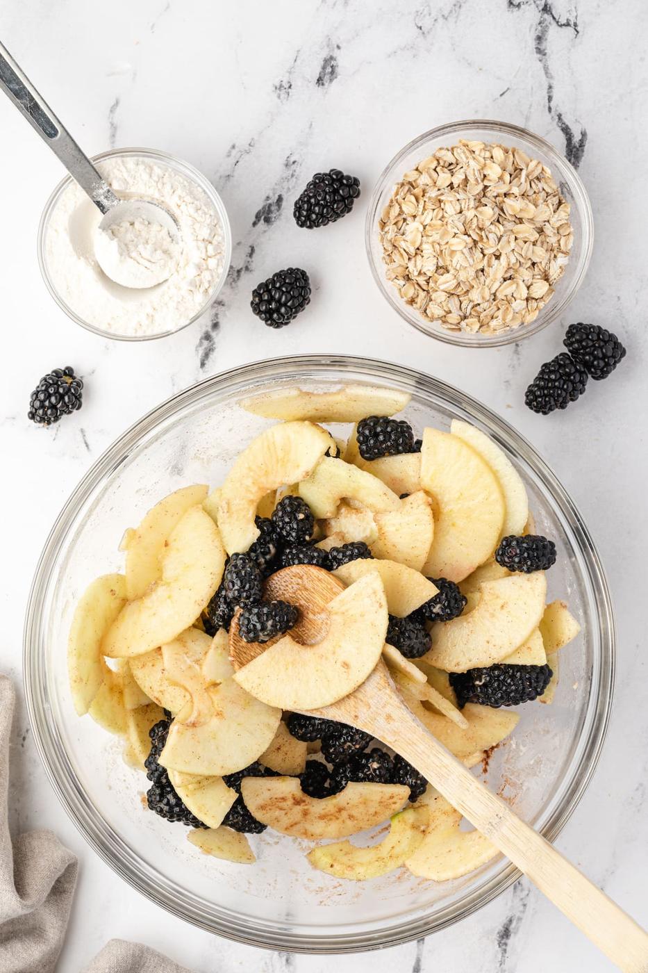 A bowl of oatmeal with blackberries.