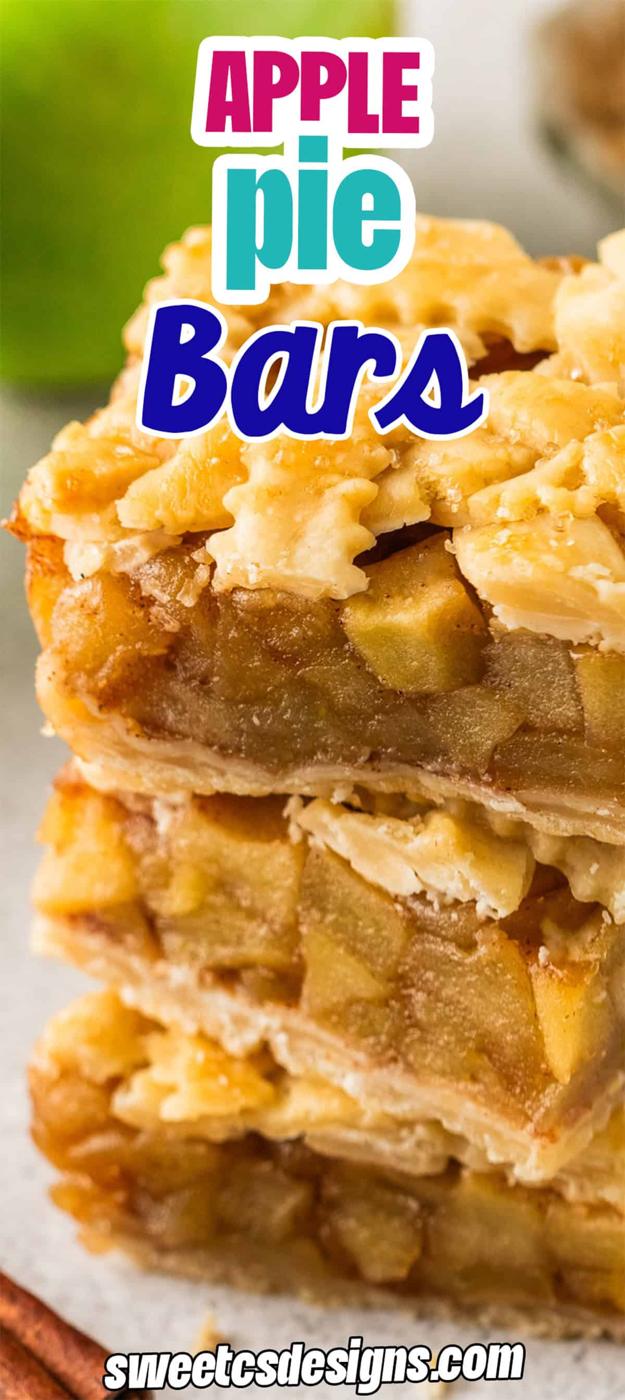Close-up of delicious Apple Pie Bars stacked to show their gooey apple filling and golden lattice crust, with "Apple pie bars" and "Ajpal designs.com" text overlay at the bottom.