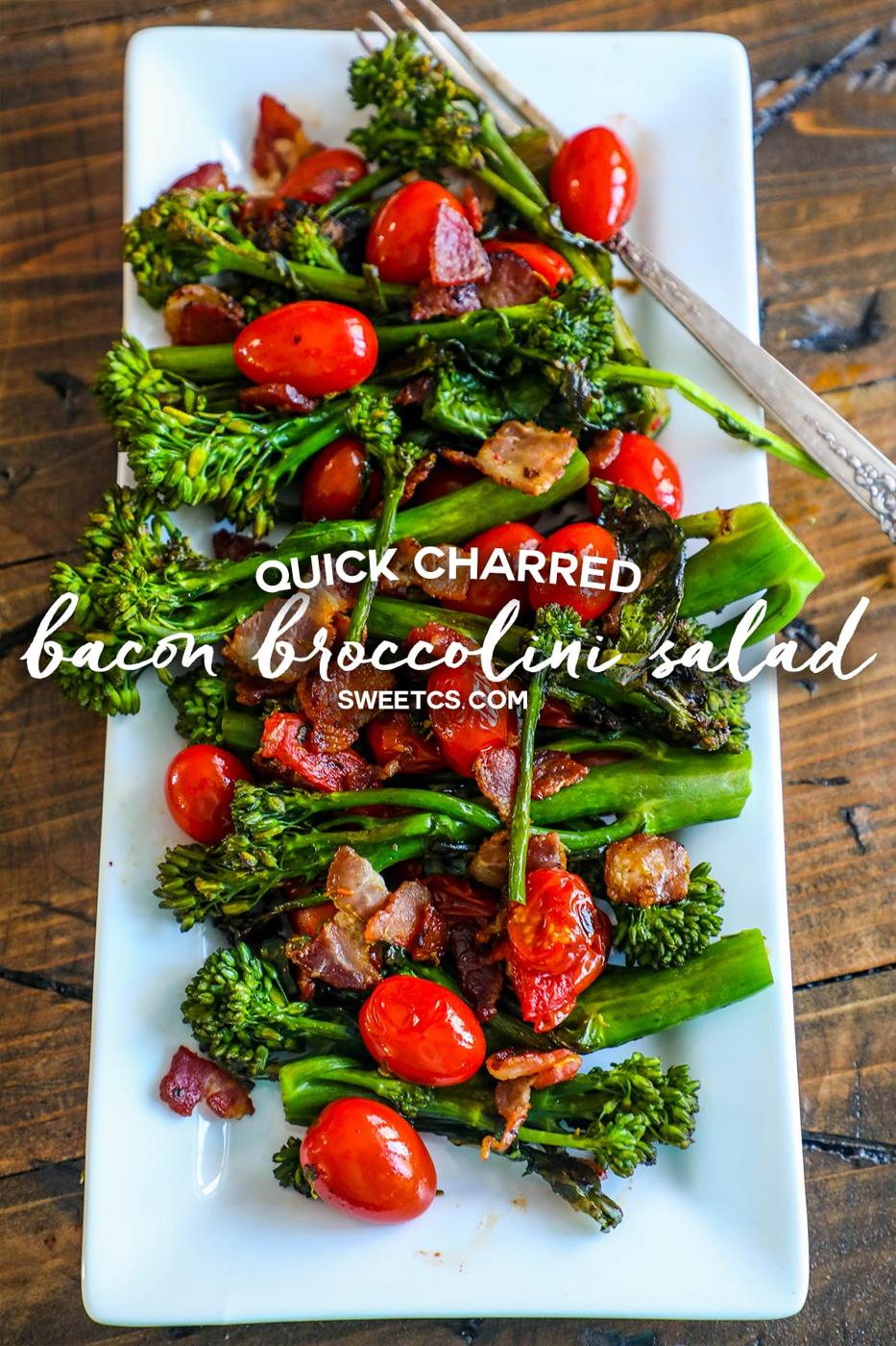 picture of a white plate with broccolini, bacon, and cherry tomatoes on it.