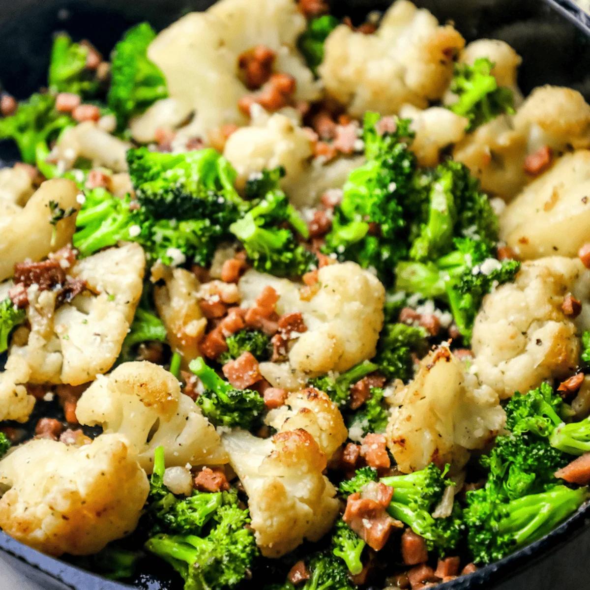 Bacon Parmesan Roasted Cauliflower and Broccoli Recipe