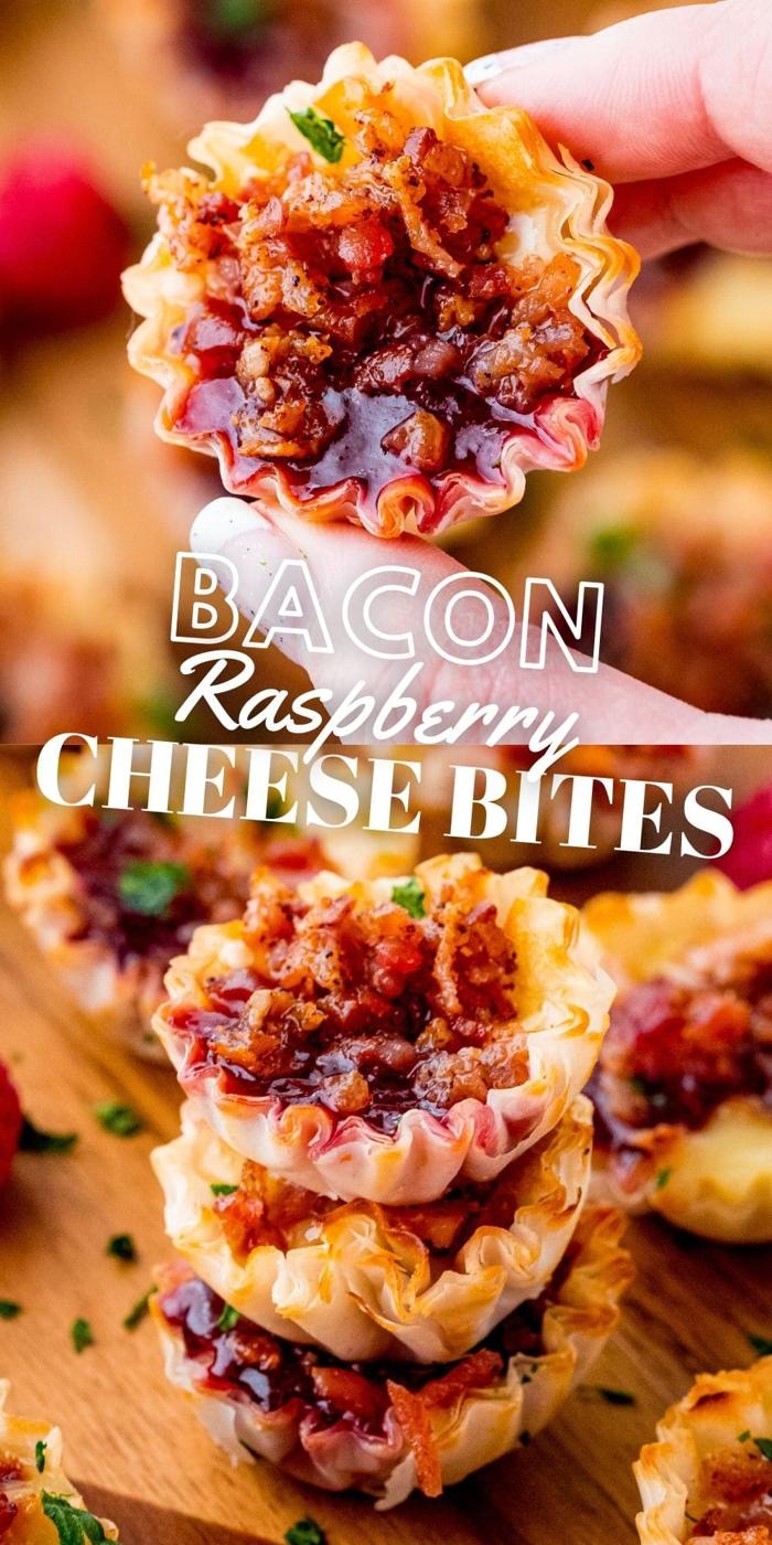 phyllo cups with cheese, jam, and bacon on it