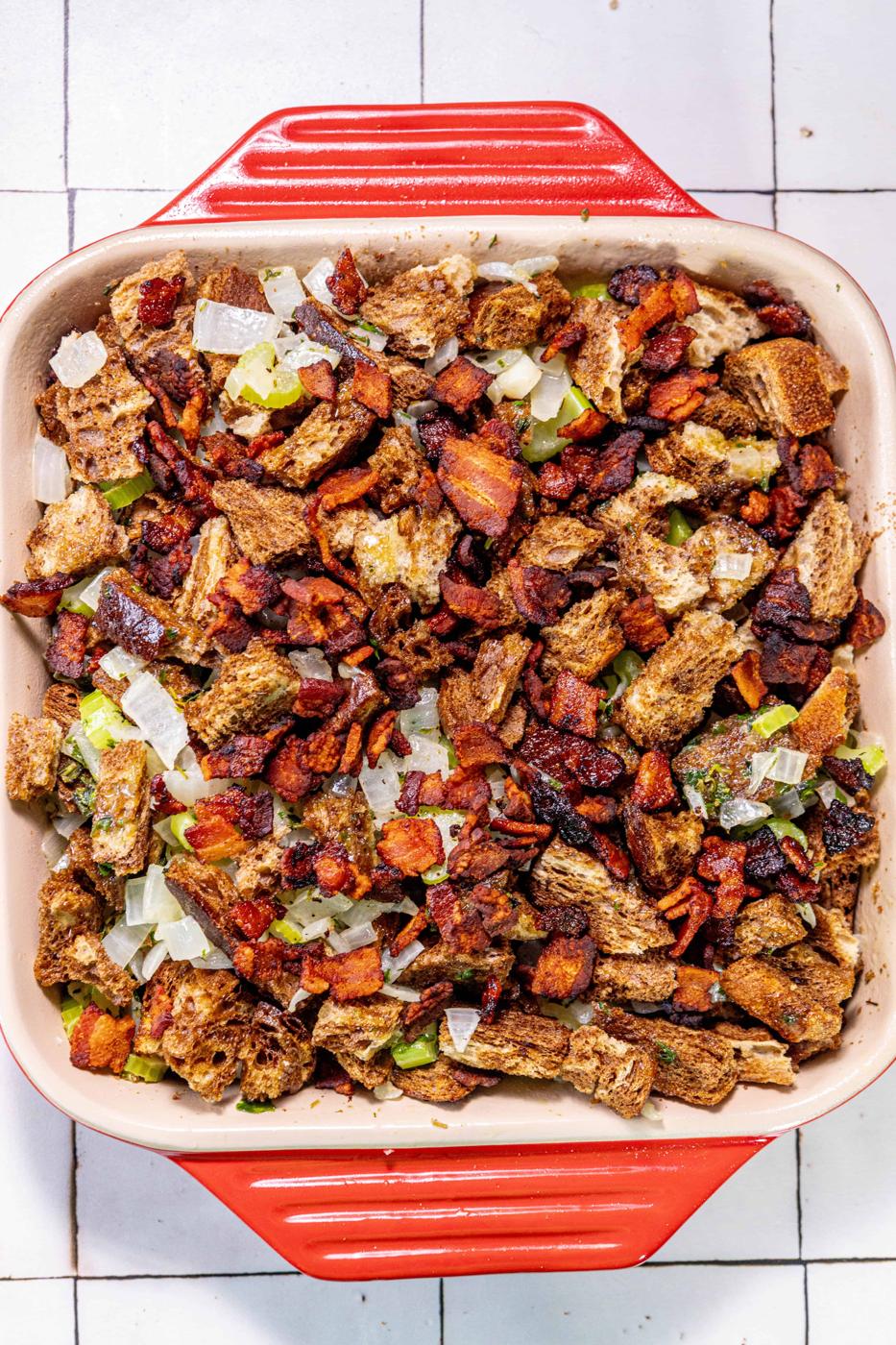 A bacon casserole with onions.