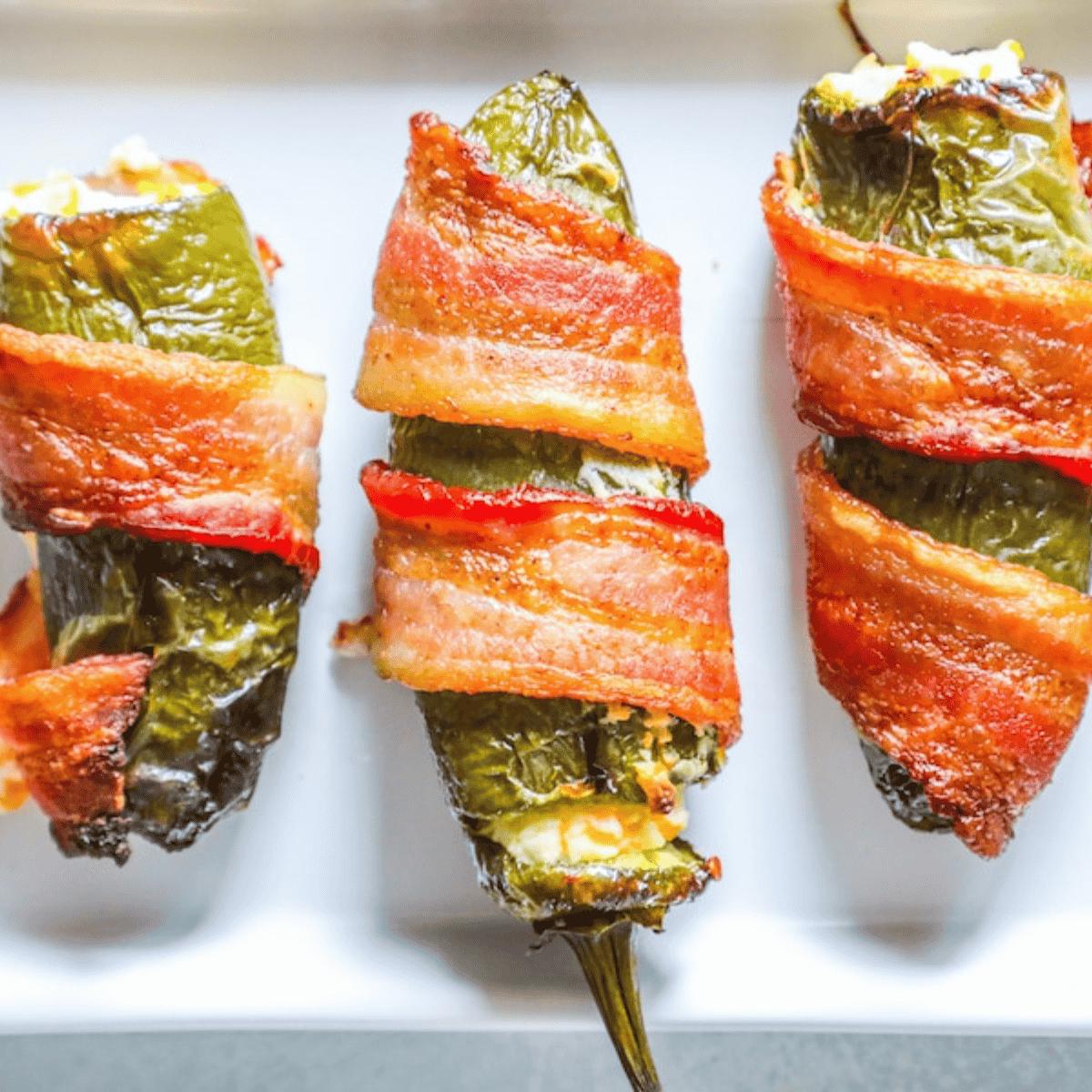 Bacon Wrapped Cheddar and Garlic Jalapeno Poppers