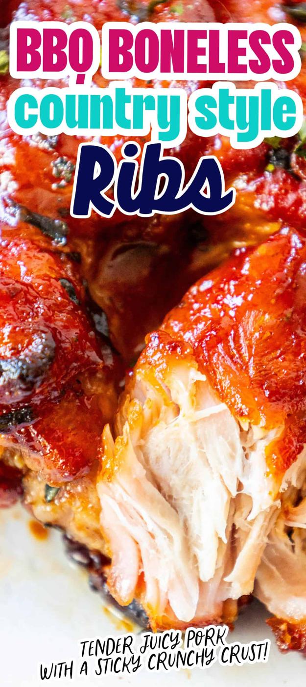 Baked BBQ boneless country style ribs.