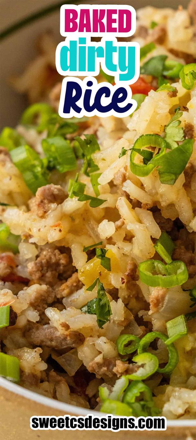 Close-up of Baked Dirty Rice with ground meat and chopped green onions, accompanied by text labels and a website URL.