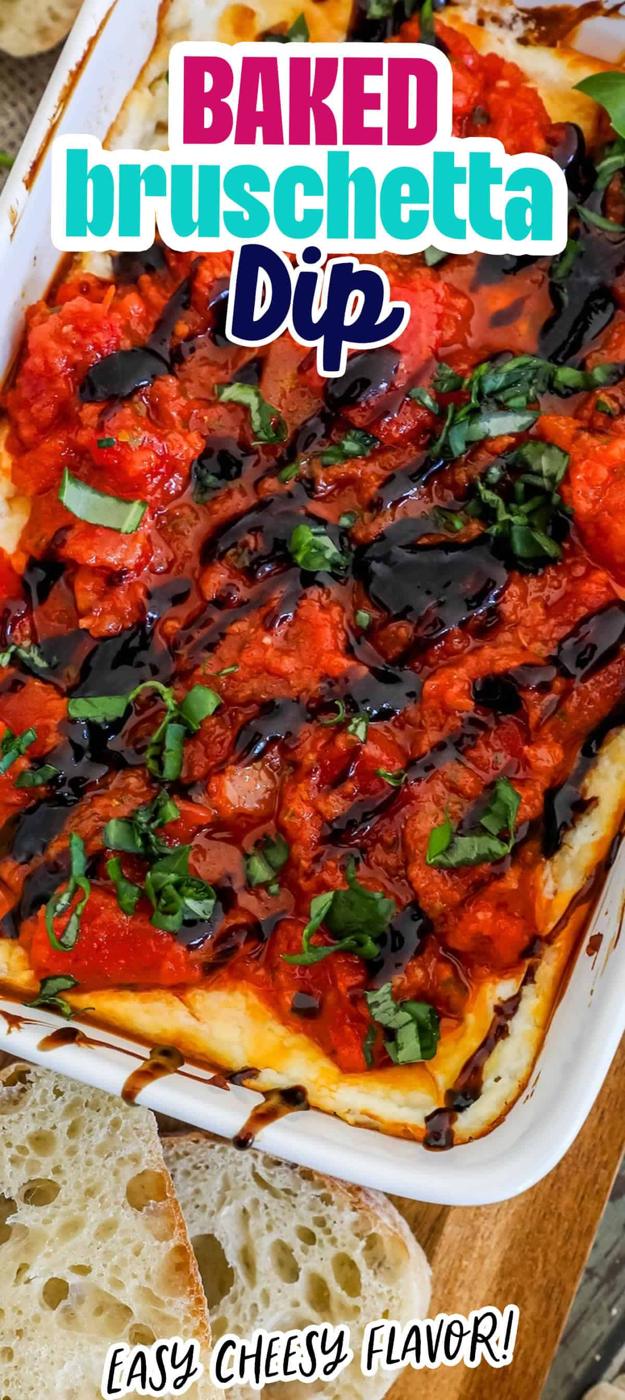 Indulge in a flavorful baked bruschetta dip featuring goat cheese, bread, and tomatoes.