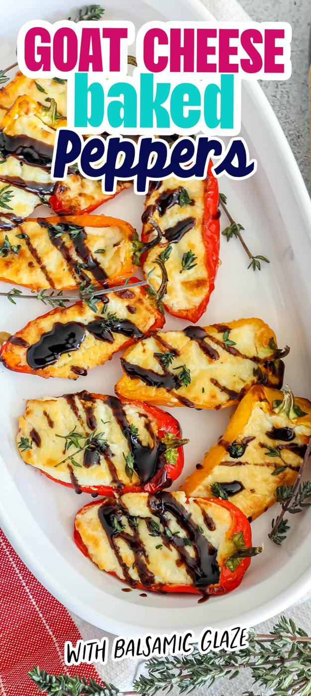 Baked goat cheese peppers drizzled with balsamic glaze.