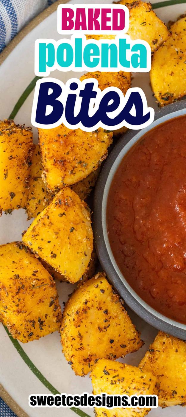 Plate of crispy Baked Polenta Bites arranged around a bowl of red dipping sauce; text overlays read "Baked Polenta Bites" and a website URL.