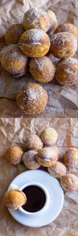 coffee and stack of donut holes covered in cinnamon and caster sugar