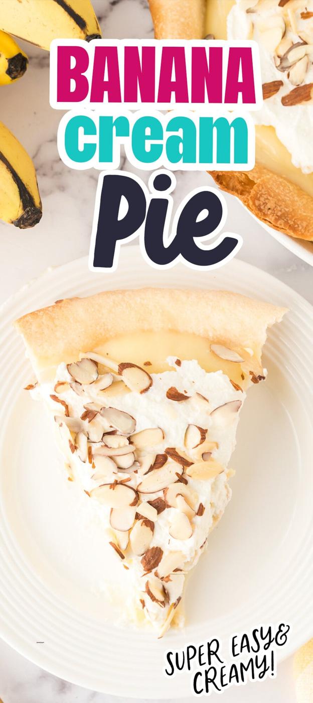 slice of banana cream pie on a plate with almonds on top and bananas on a table next to a pie plate