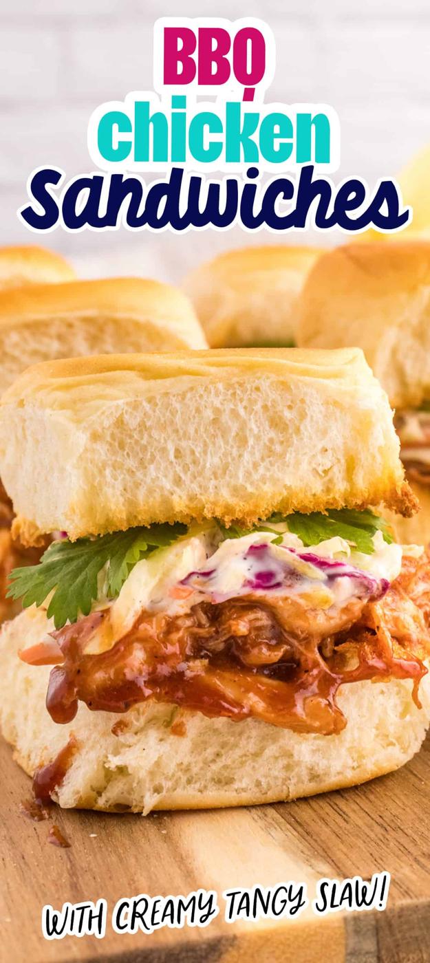 BBQ Chicken Sliders on a wooden board.