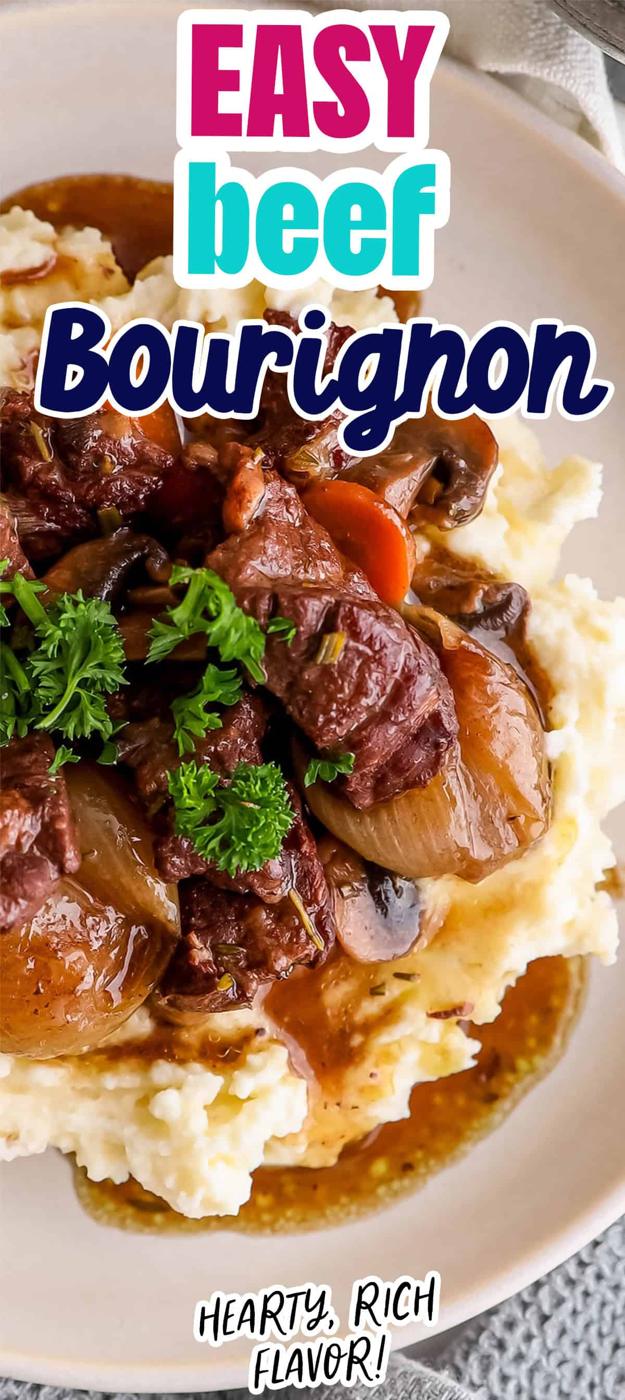 A bowl of beef bourguignon served over mashed potatoes, topped with parsley, with text overlays describing the dish as "Easy Beef Bourguignon" with "Hearty, Rich Flavor!.