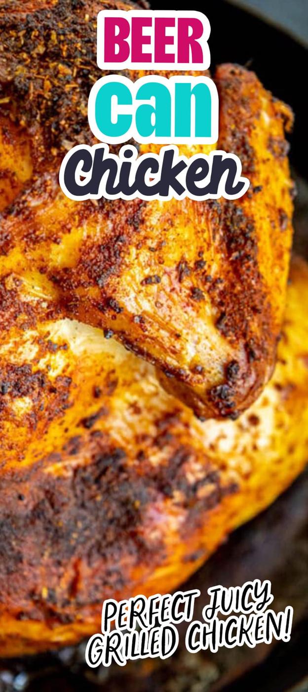 cooked beer can chicken in a cast iron pan