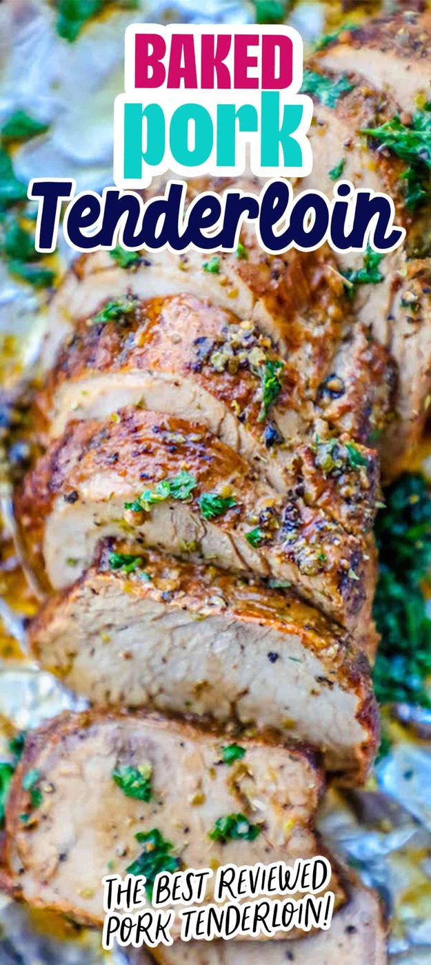 Easy baked pork tenderloin with the text easy baked pork tenderloin.