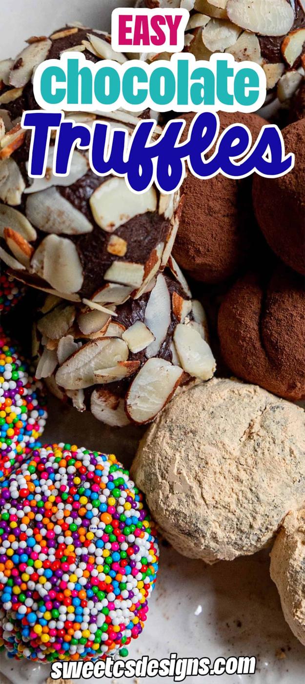 A close-up of assorted chocolate truffles, some coated in sliced almonds, cocoa powder, rainbow sprinkles, and powdered sugar, with text overlay reading "Easy chocolate truffles recipe.