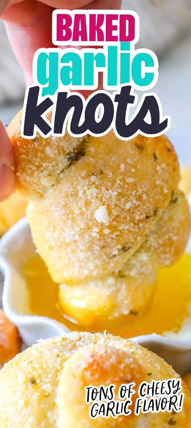 a garlic knot being dipped into melted butter