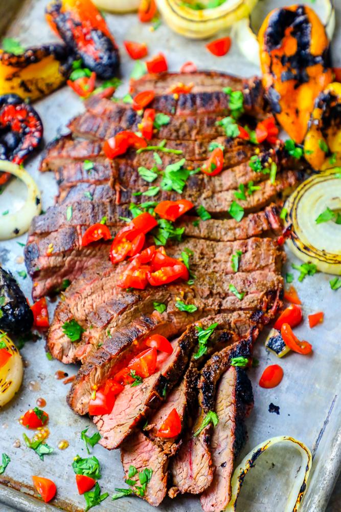 Grilled steak with vegetables, featuring the best carne asada recipe and easy grilled fajitas.