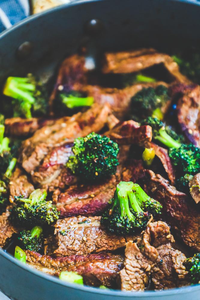 strips of beef, broccoli in a rich sauce.