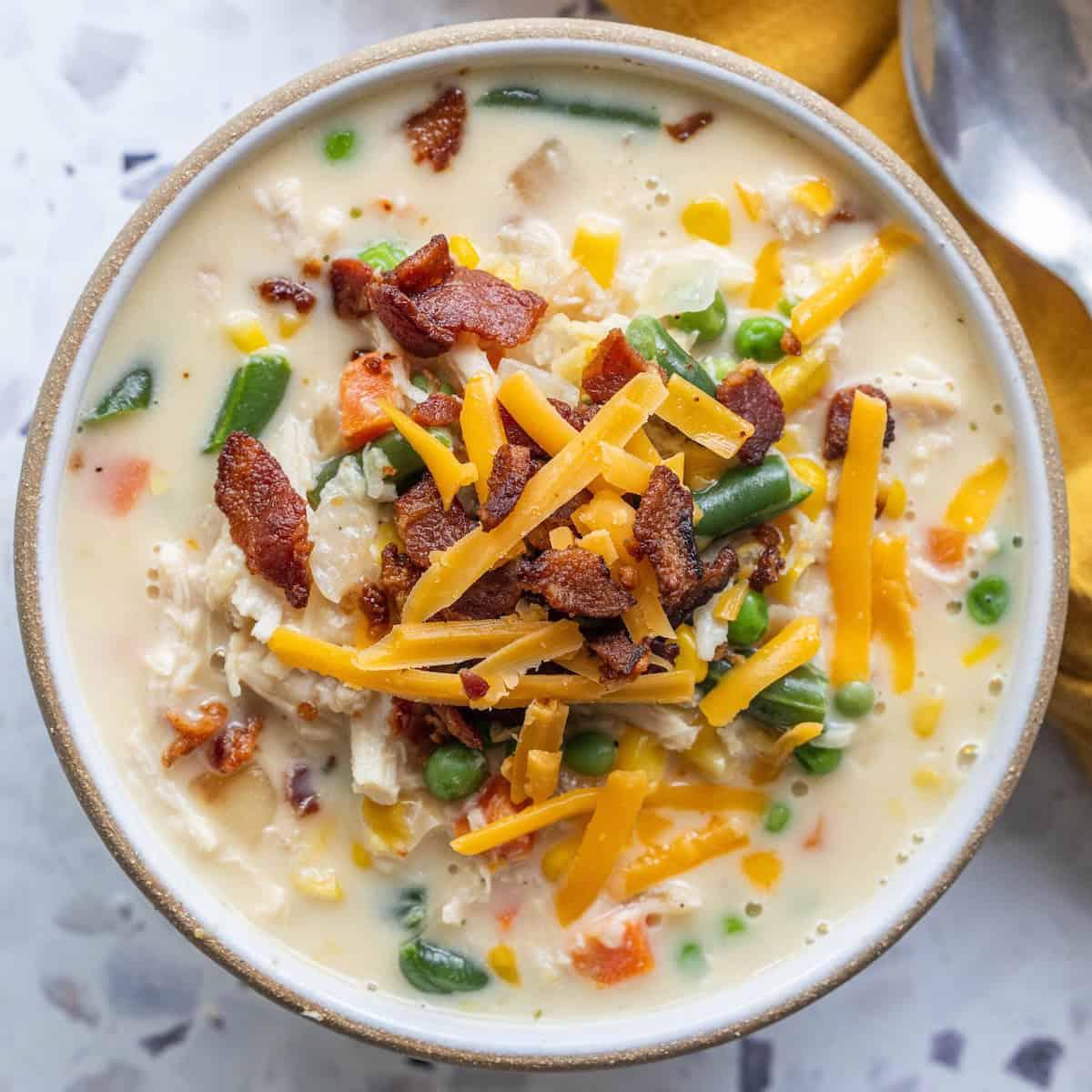 Cheesy Corn Chowder with vegetables, Chicken, and Bacon