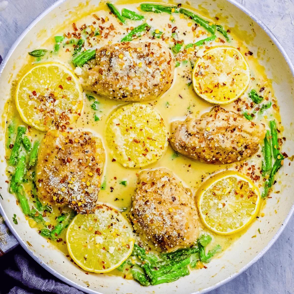 Creamy Lemon Garlic Chicken Thighs and Asparagus