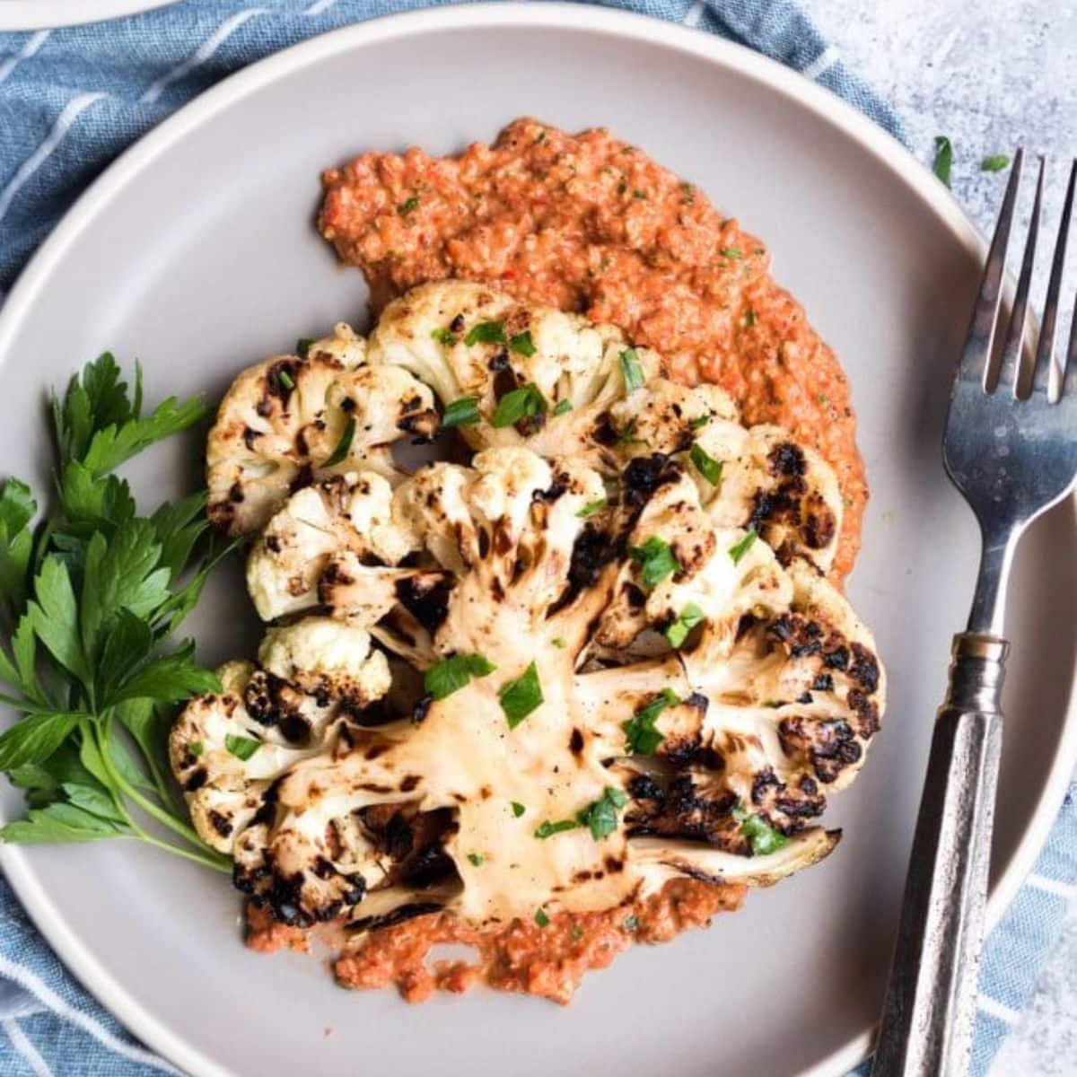 Easy Cauliflower Steaks With Red Pepper Sauce