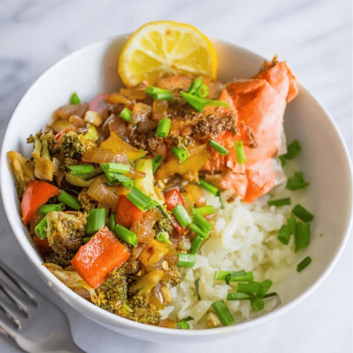 Paleo Salmon Taco Bowls with Cauliflower Rice