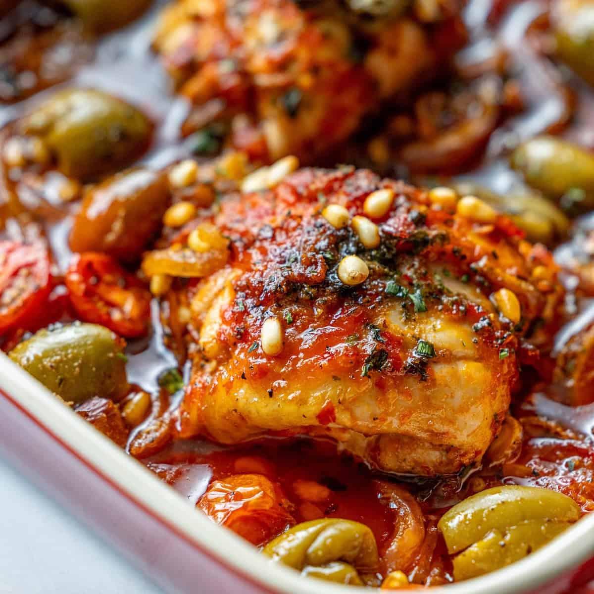 Spicy Harissa Chicken Thighs with Smashed Olives