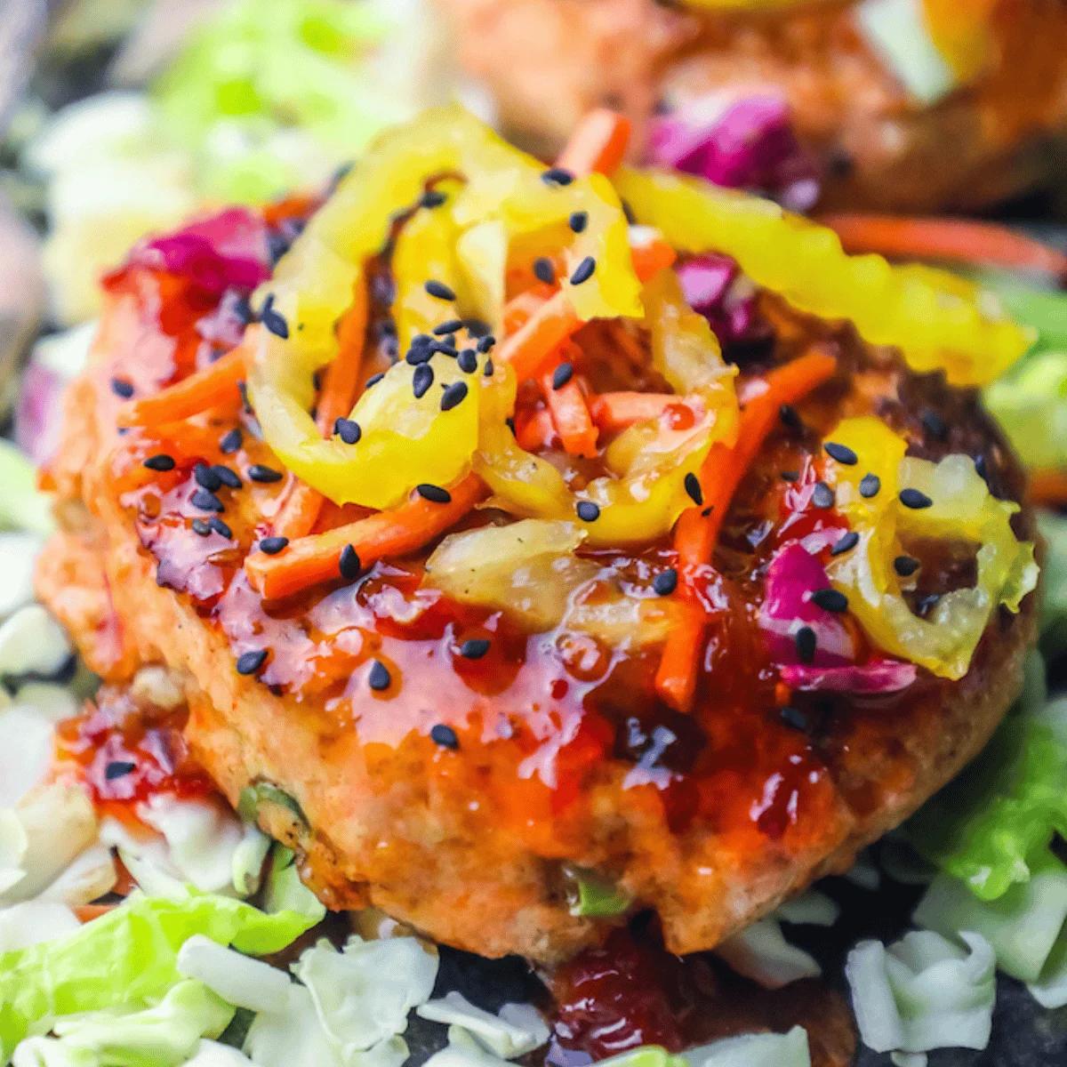 Grilled Asian Salmon Burgers with Sweet chili Sauce