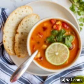 A bowl of Vegan Thai Curry Soup, garnished with a Thai chili and lime on a white plate.
