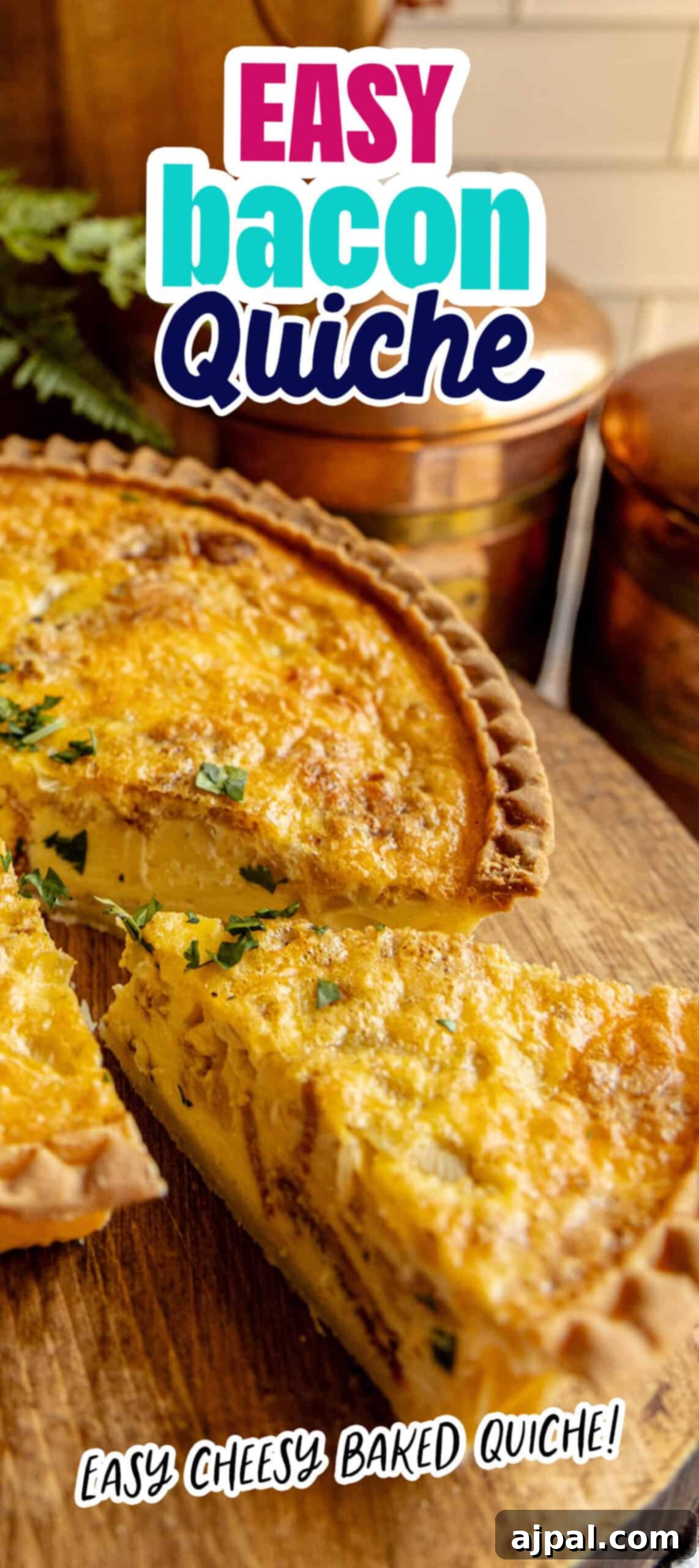 A close-up shot of a delicious bacon quiche, highlighting its golden crust and rich filling.