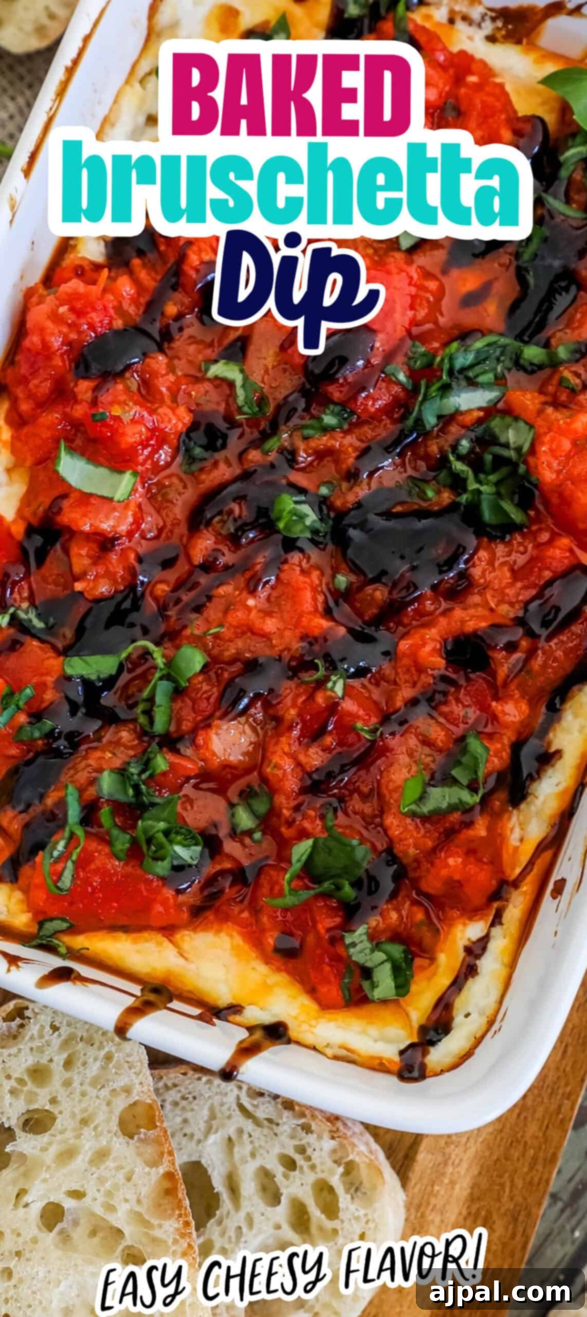 Indulge in a rich and flavorful baked bruschetta dip, featuring creamy goat cheese, complemented by fresh bread and juicy tomatoes, for a perfect appetizer.
