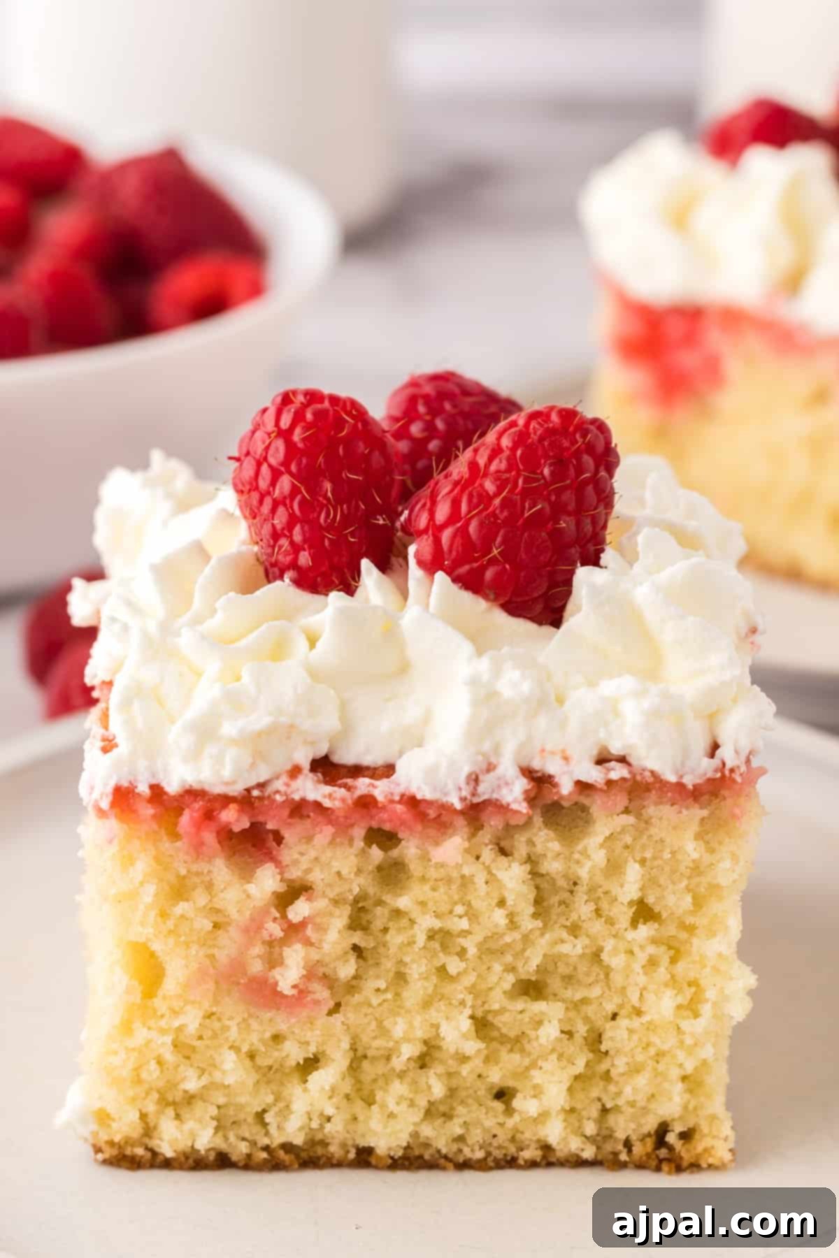 A vibrant sheet cake adorned with a generous layer of raspberry topping and artfully scattered fresh raspberries, ready to be enjoyed.